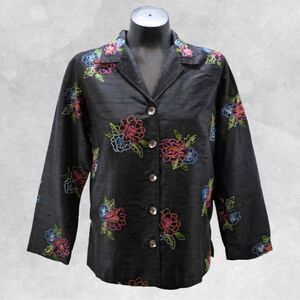 Laura Ashley Black Silk Floral Jacket Top Petite Small Embroidered Button-Front